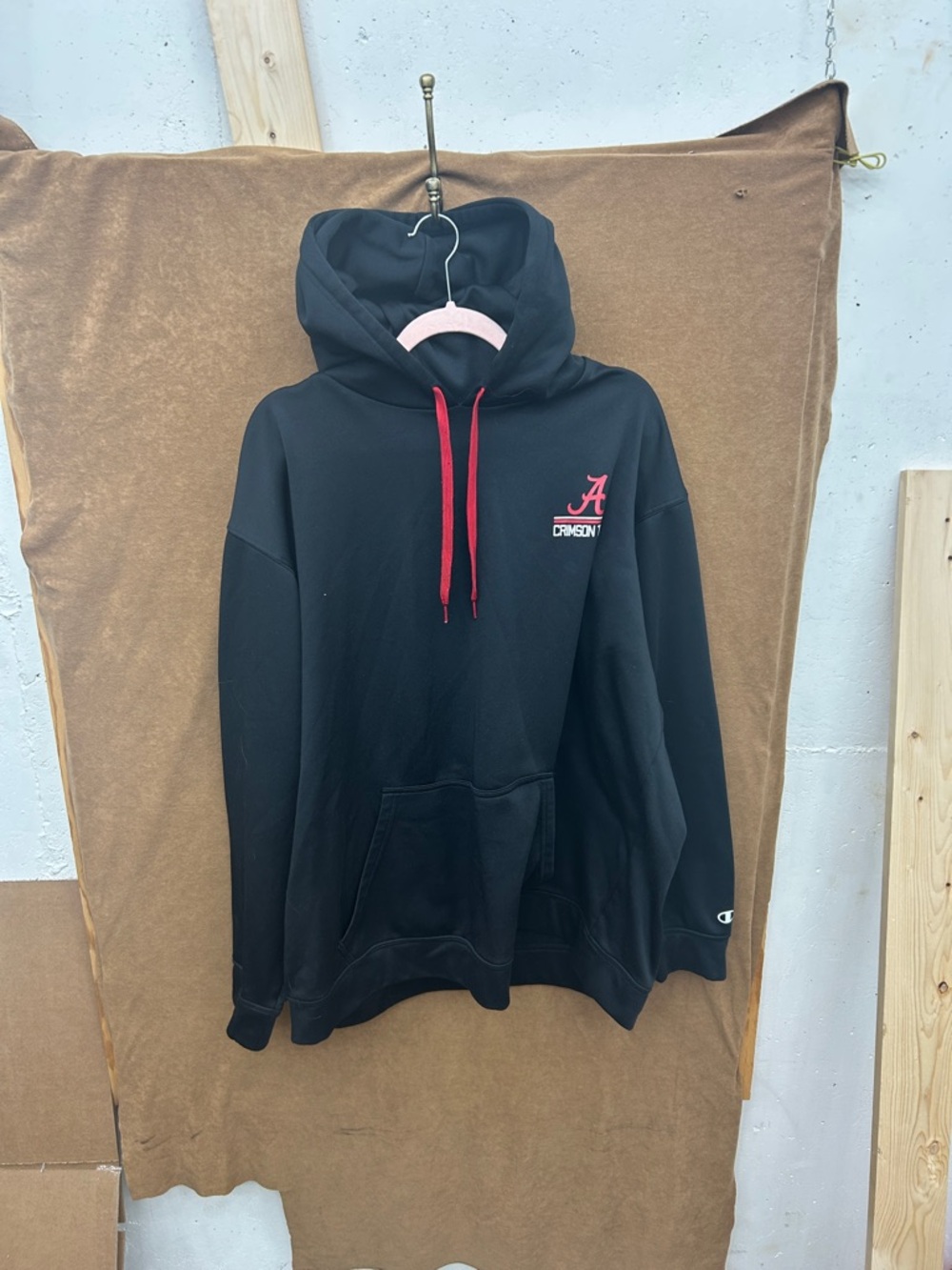 Champion Black Hoodie with Red Drawstrings and Red Logo